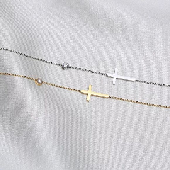 Silver Sideways Cross Bracelet Cubic Zircon Charm - Picture 4 of 5